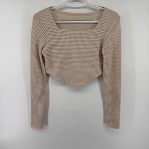 Y2K Fairy Waffle Knit Square Neck Long Sleeve Crop Top Beige Curved Hem Small